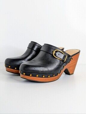 Veronica Beard Hendrix Platform Clogs 9 Black Leather Wood Heel Slip On Mules
